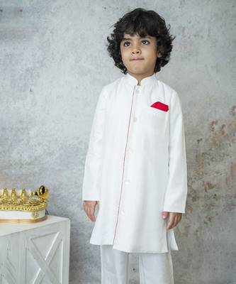 White cotton hand woven traditional sherwani with contrast detailing 4