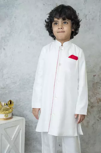 White cotton hand woven traditional sherwani with contrast detailing