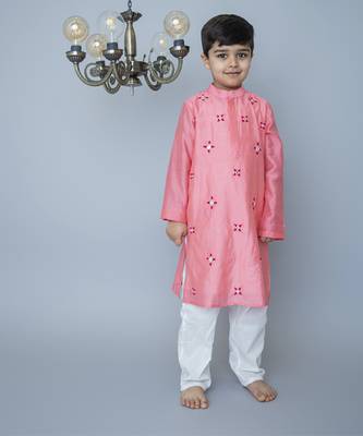 Pink cotton hand woven traditional kurta set 1