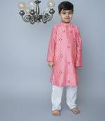 Pink cotton hand woven traditional kurta set