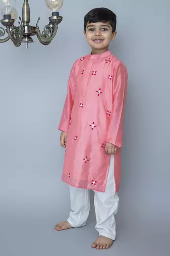 Pink cotton hand woven traditional kurta set