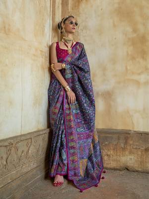 Blue poly viscose silk floral printed pashmina saree with paisley design border 1