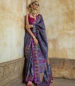Blue poly viscose silk floral printed pashmina saree with paisley design border