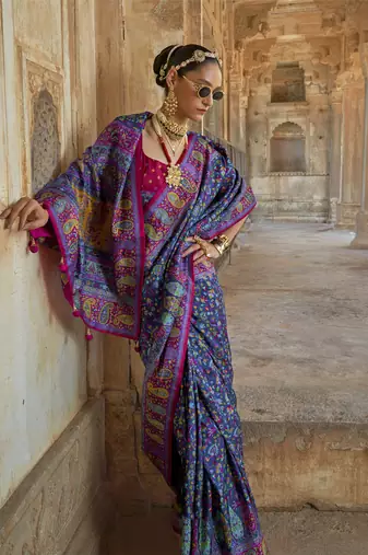 Blue poly viscose silk floral printed pashmina saree with paisley design border