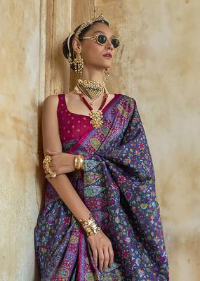 Blue poly viscose silk floral printed pashmina saree with paisley design border 3