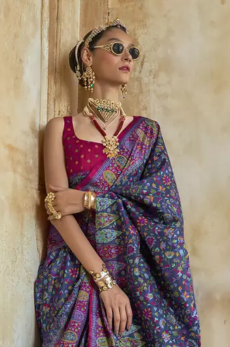 Blue poly viscose silk floral printed pashmina saree with paisley design border