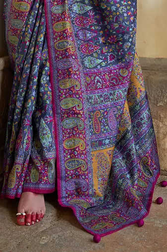 Blue poly viscose silk floral printed pashmina saree with paisley design border