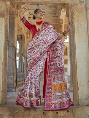 White poly viscose silk floral printed pashmina saree with paisley design border 1