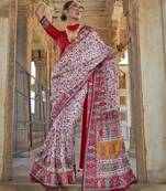 White poly viscose silk floral printed pashmina saree with paisley design border