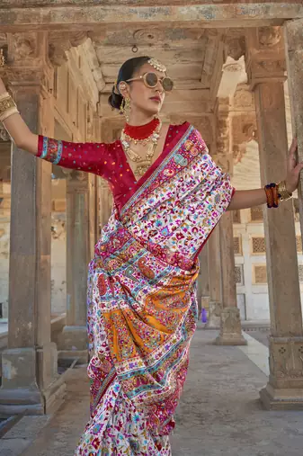 White poly viscose silk floral printed pashmina saree with paisley design border