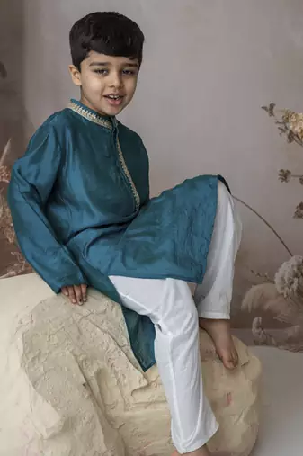 Blue cotton hand woven traditional kurta set