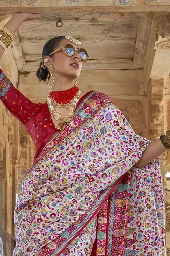 White poly viscose silk floral printed pashmina saree with paisley design border