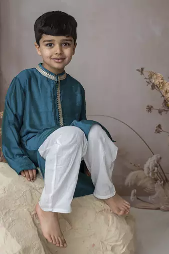 Blue cotton hand woven traditional kurta set