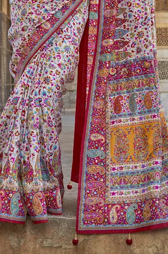 White poly viscose silk floral printed pashmina saree with paisley design border