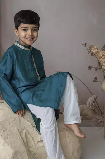 Blue cotton hand woven traditional kurta set
