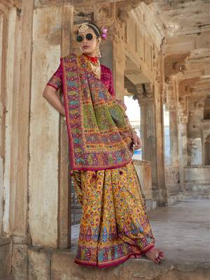 Orange poly viscose silk floral printed pashmina saree with paisley design border 1