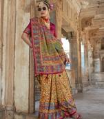 Orange poly viscose silk floral printed pashmina saree with paisley design border