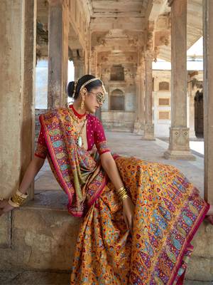 Orange poly viscose silk floral printed pashmina saree with paisley design border 2