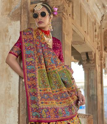Orange poly viscose silk floral printed pashmina saree with paisley design border 3