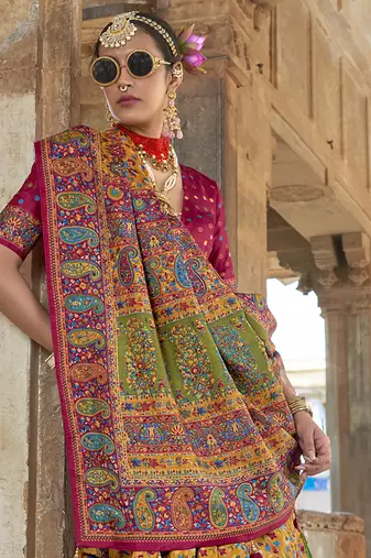 Orange poly viscose silk floral printed pashmina saree with paisley design border
