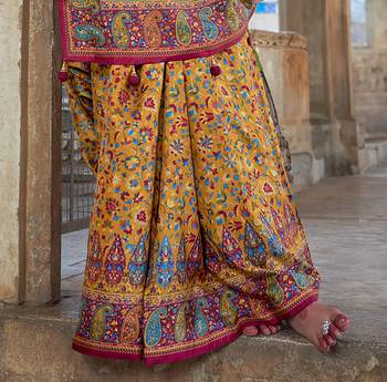 Orange poly viscose silk floral printed pashmina saree with paisley design border 4