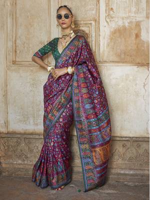 Wine poly viscose silk floral printed pashmina saree with paisley design border 1