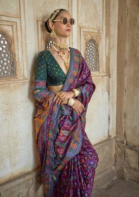 Wine poly viscose silk floral printed pashmina saree with paisley design border 2