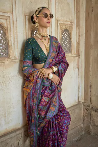 Wine poly viscose silk floral printed pashmina saree with paisley design border