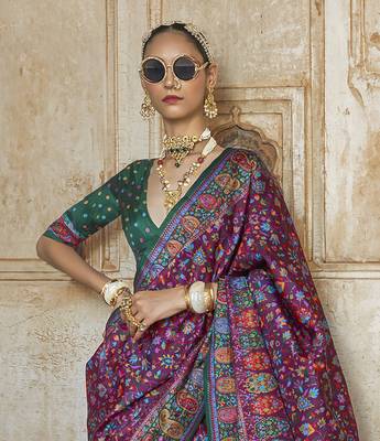 Wine poly viscose silk floral printed pashmina saree with paisley design border 3