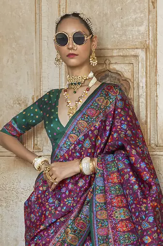 Wine poly viscose silk floral printed pashmina saree with paisley design border
