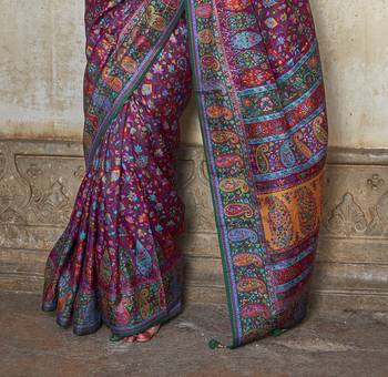 Wine poly viscose silk floral printed pashmina saree with paisley design border 4