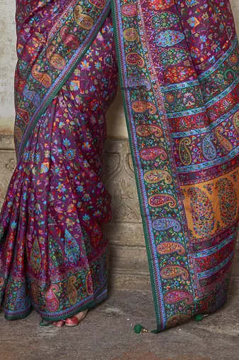 Wine poly viscose silk floral printed pashmina saree with paisley design border