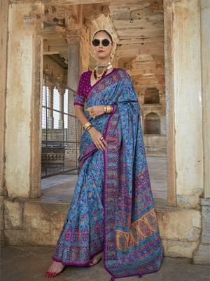 Royal blue poly viscose silk floral printed pashmina saree with paisley design border 1
