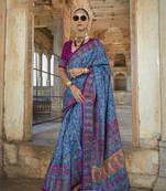 Royal blue poly viscose silk floral printed pashmina saree with paisley design border