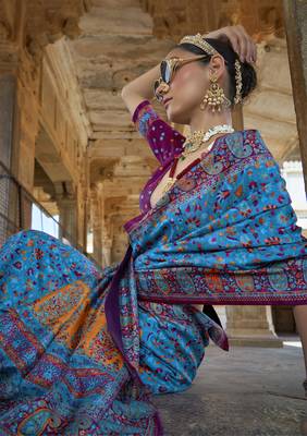 Royal blue poly viscose silk floral printed pashmina saree with paisley design border 2