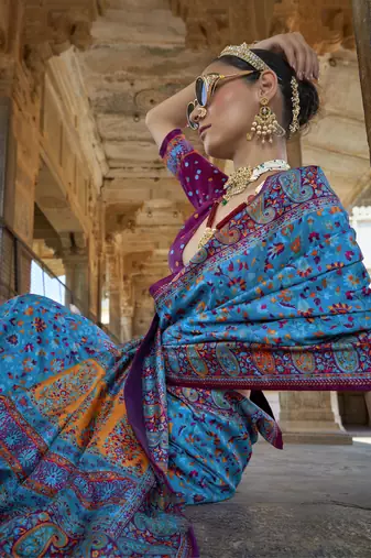 Royal blue poly viscose silk floral printed pashmina saree with paisley design border
