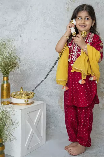 Red cotton hand woven traditional kurta set