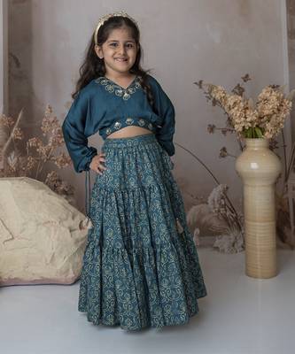 Blue cotton hand woven traditional crop top with tiered lehnga 1
