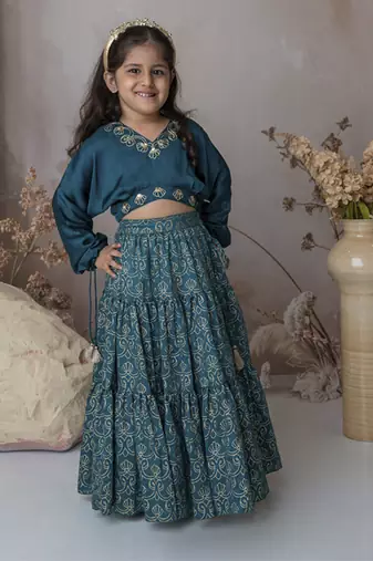 Blue cotton hand woven traditional crop top with tiered lehnga