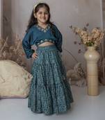 Blue cotton hand woven traditional crop top with tiered lehnga