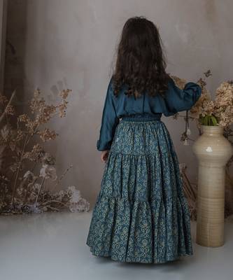 Blue cotton hand woven traditional crop top with tiered lehnga 2