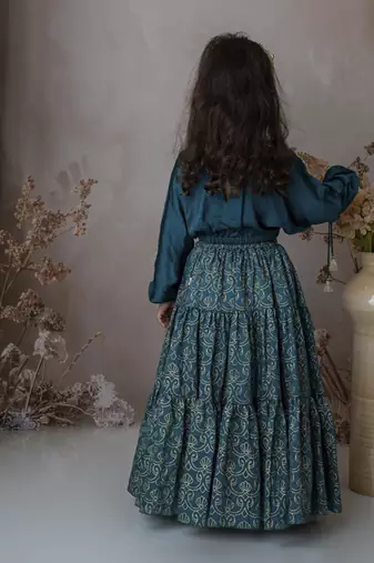 Blue cotton hand woven traditional crop top with tiered lehnga