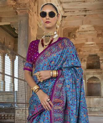 Royal blue poly viscose silk floral printed pashmina saree with paisley design border 3