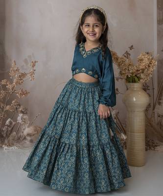 Blue cotton hand woven traditional crop top with tiered lehnga 3