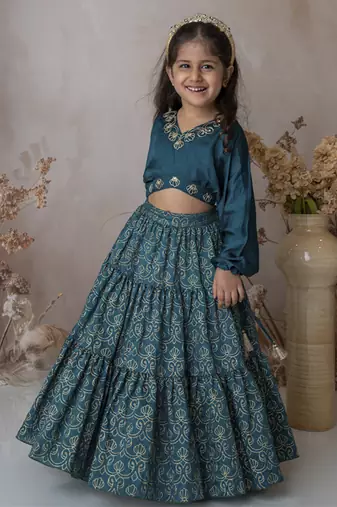Blue cotton hand woven traditional crop top with tiered lehnga