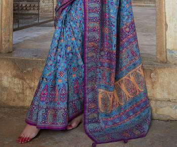 Royal blue poly viscose silk floral printed pashmina saree with paisley design border 4