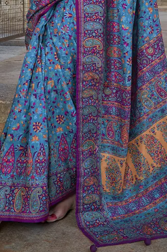 Royal blue poly viscose silk floral printed pashmina saree with paisley design border