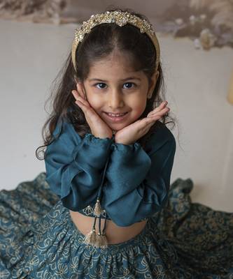 Blue cotton hand woven traditional crop top with tiered lehnga 4