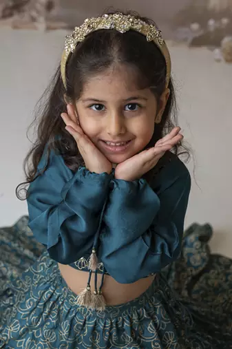 Blue cotton hand woven traditional crop top with tiered lehnga