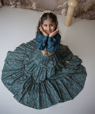 Blue cotton hand woven traditional crop top with tiered lehnga 5